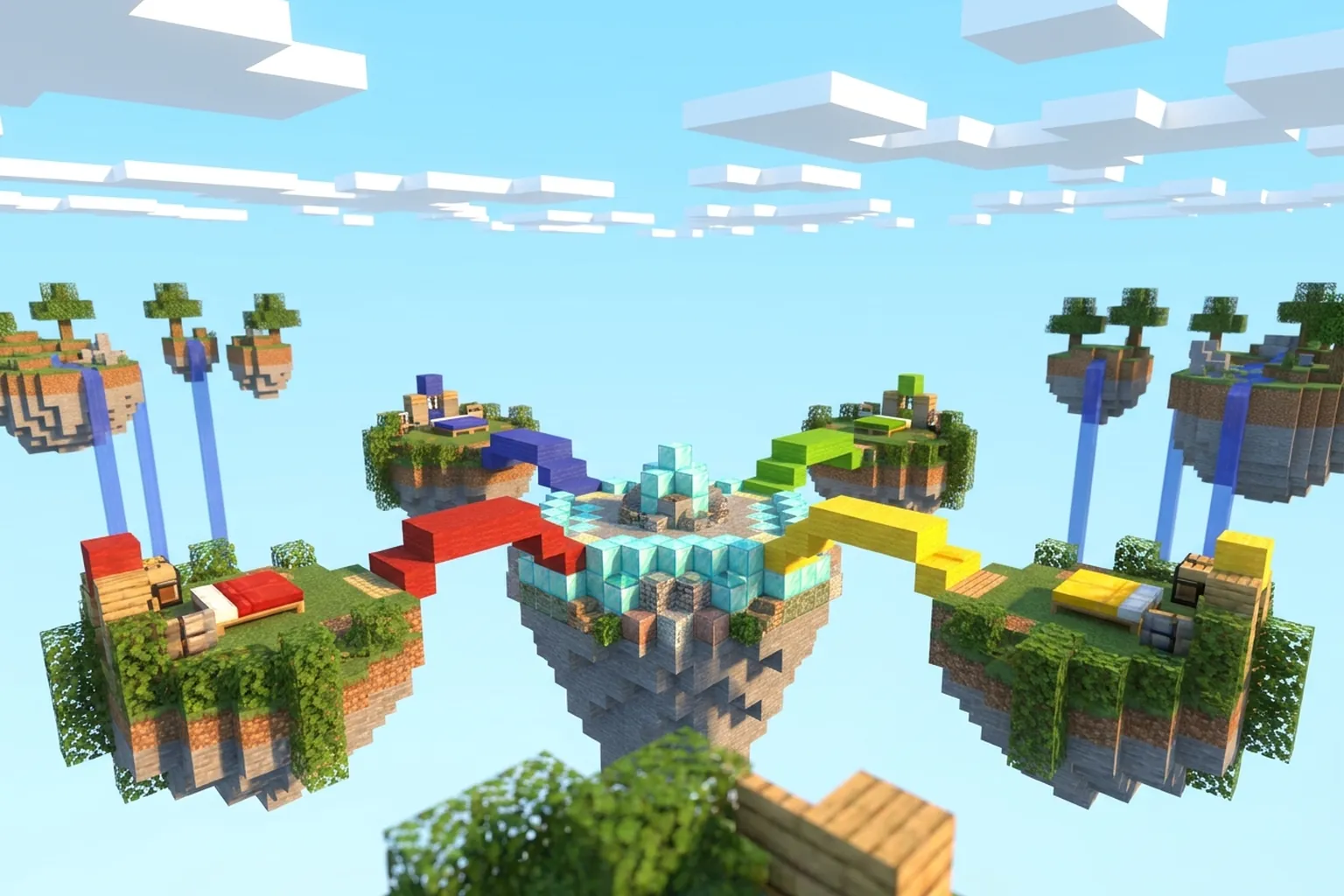 Арена BedWars с островами команд в стиле Minecraft