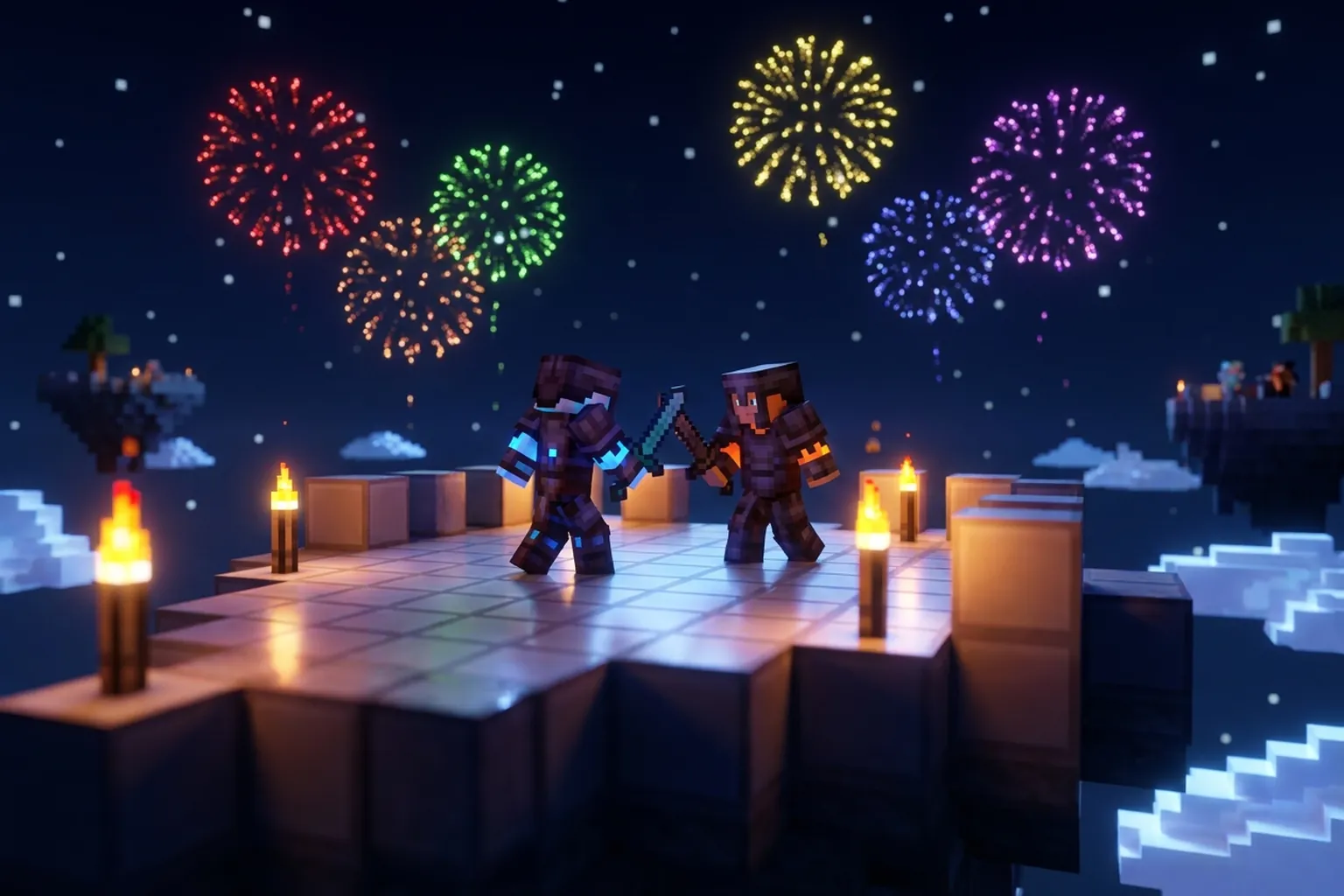 Ночная битва игроков под фейерверками в стиле Minecraft