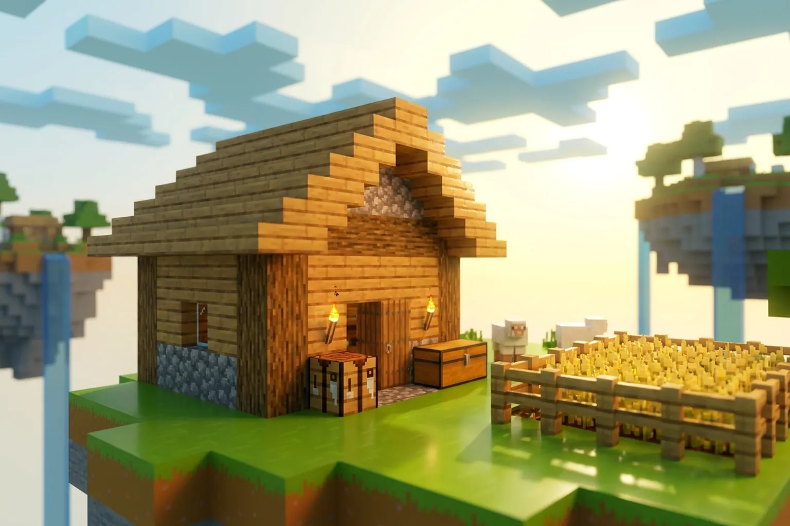Первый деревянный домик новичка с верстаком и сундуком в стиле Minecraft