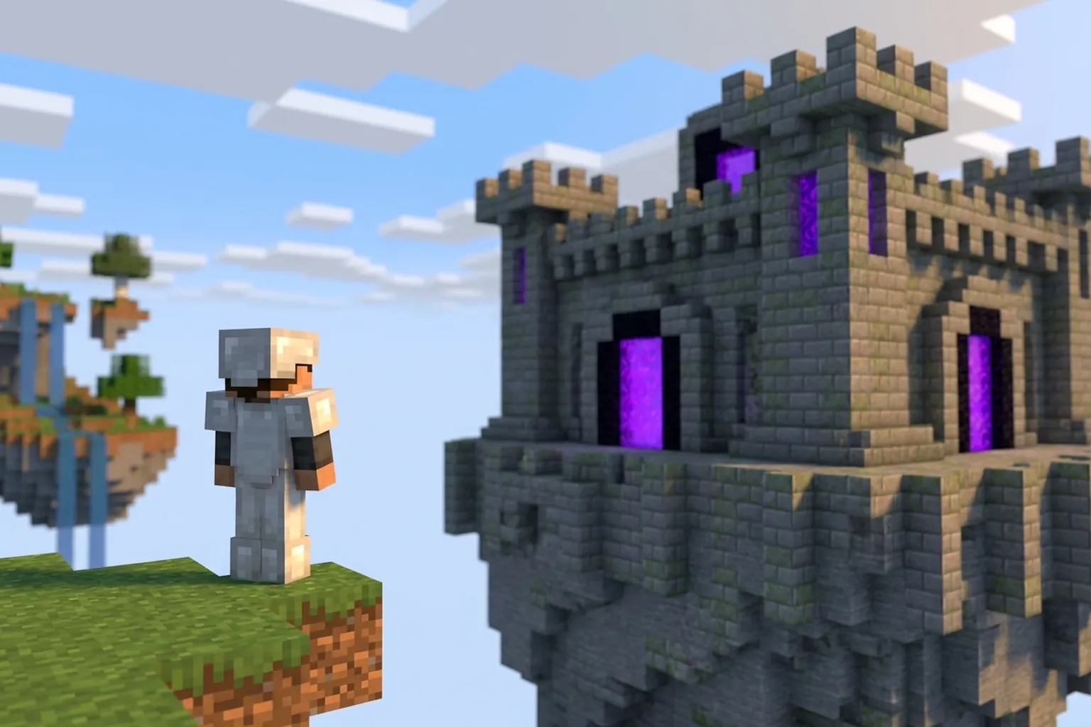 Игрок смотрит на замок-лобби с порталами на парящем острове в стиле Minecraft
