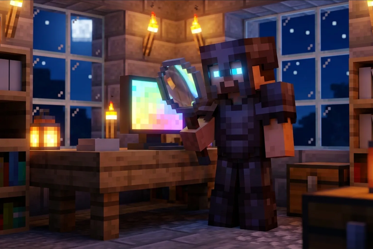 Модератор с лупой проверяет компьютер игрока на читы в стиле Minecraft