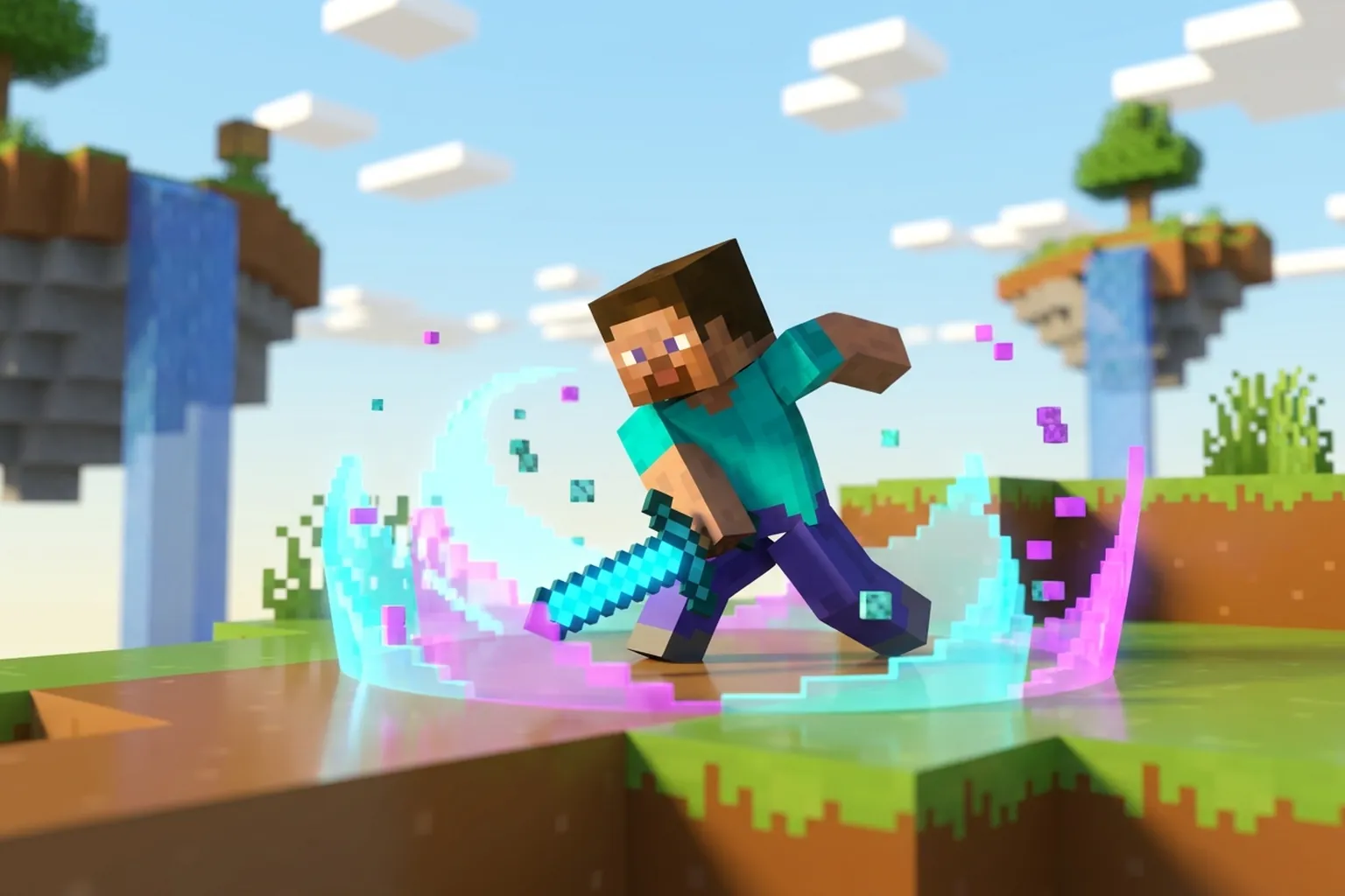 Удар мечом с энергетическими волнами в стиле Minecraft